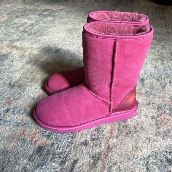 Womens UGG Australia Boots Sz 7 Classic Short PINK Metallic Heel Festival Suede - Picture 9 of 16